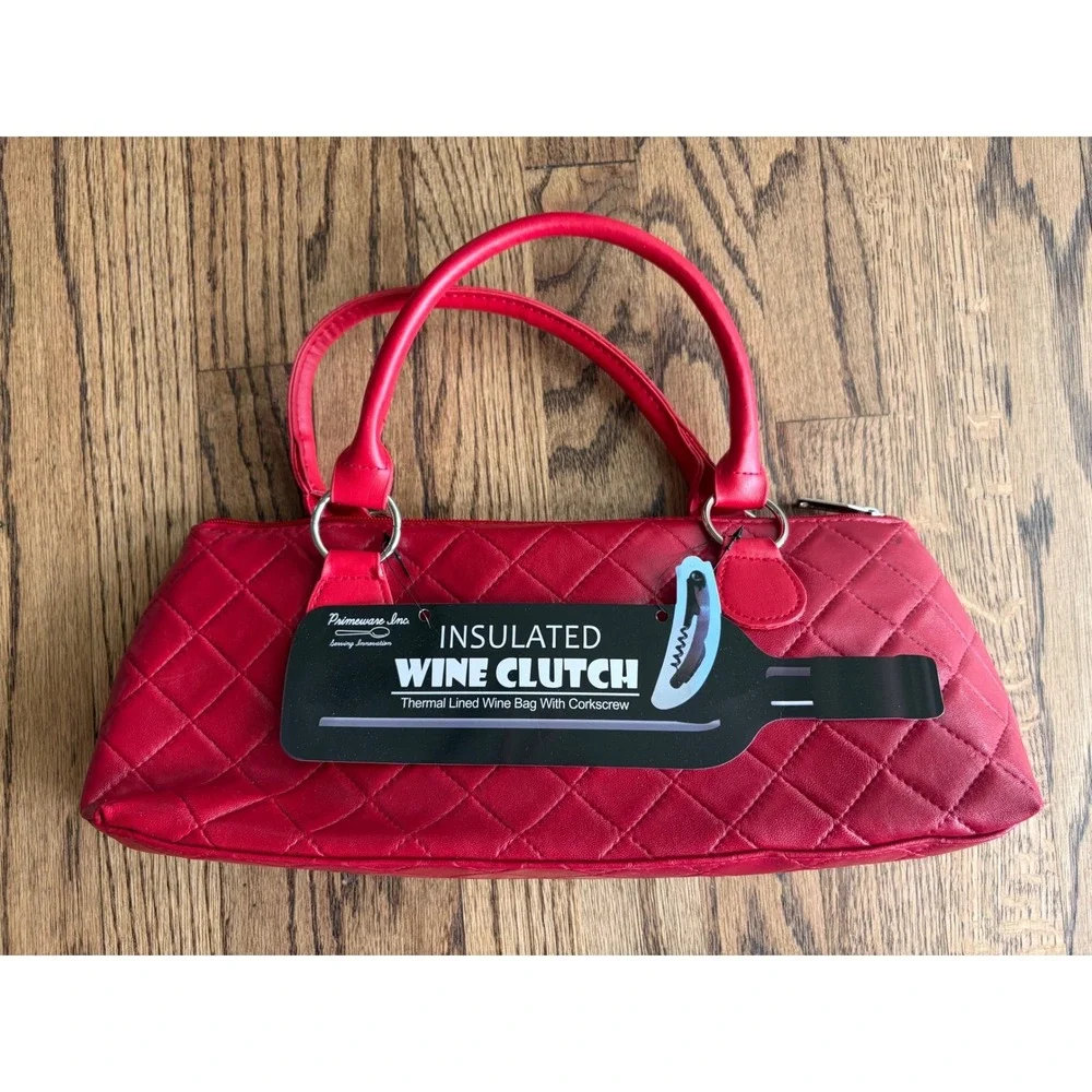 Primeware Red Quilted Insulated Wine Clutch Thermal Bag with Corkscrew NEW
